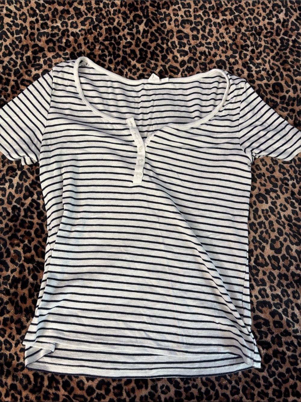 GAP White and Black Striped Short Sleeve Henley Tee